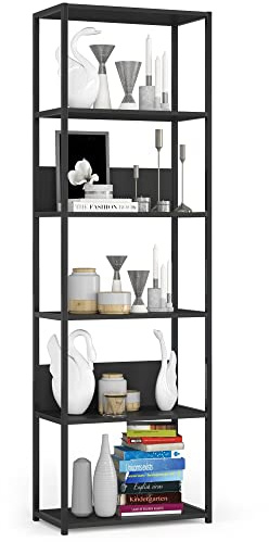 AKORD Bücherregal mit 6 Ablagen 60cm breit | Industrial/Loft-Style | Offen | Skelettbauweise | Standregal | Holz/Metall | Für Küche, Schlafzimmer, Büro | Regal mit Metallrahmen