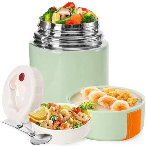 XUANHONG-TECH Insulated Food Flask, 800ml Capacity, Stainless Steel Thermal Container with Folding Spoon (Green-800ml)