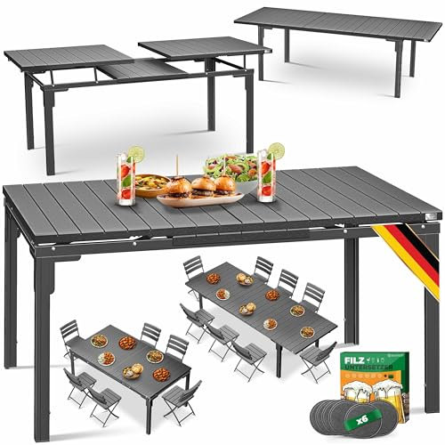 KESSER® Gartentisch ausziehbar Esstisch 180/240x90cm erweiterbar bis 8 Personen Ausziehtisch mit pulverbeschichtetem Stahl-Gestell & HDPE Tischplatte Wetterfest & UV-Beständig inkl. 6 Filz-Untersetzer
