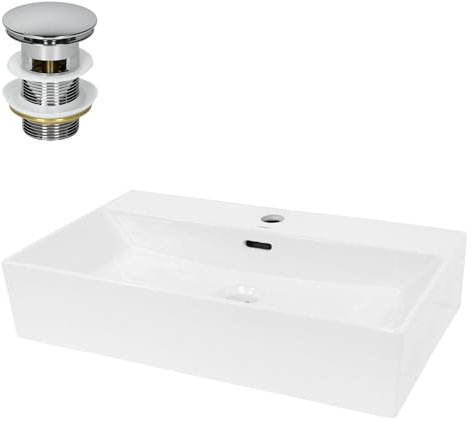 LuxeBath Waschbecken Keramik 605x365x130 mm eckig Weiß mit Ablaufgarnitur Silber, Aufsatzwaschbecken Badezimmer/Gäste-WC, Aufsatzbecken, Hängewaschbecken Wandmontage, Waschtisch Waschschale Waschplatz