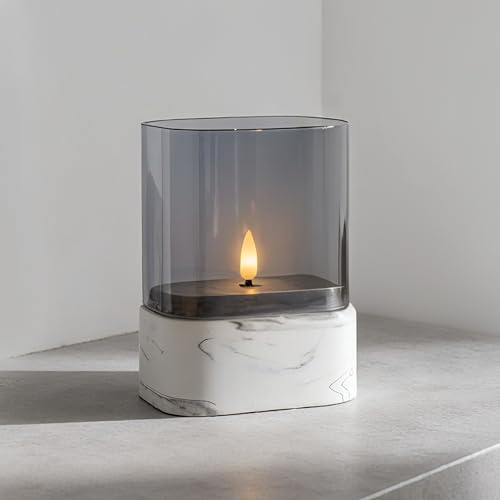 Fanna Flammenlose Rechteckige LED-Kerze im Grauglas mit Marmor-Optik, Glaswindlicht mit Timer für Weihnachten, Heimdekoration und Innenräume - 12 x 8 x 15 cm