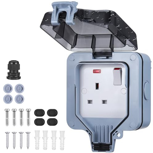 JIZZU Outdoor Weatherproof Wall Plug Socket Box, IP66 Wall Electrical Outlet with Cover, 13A Single Outdoor Sockets Waterproof Sockets, Switched Power Socket Box for Garden&External Electrical Outlet