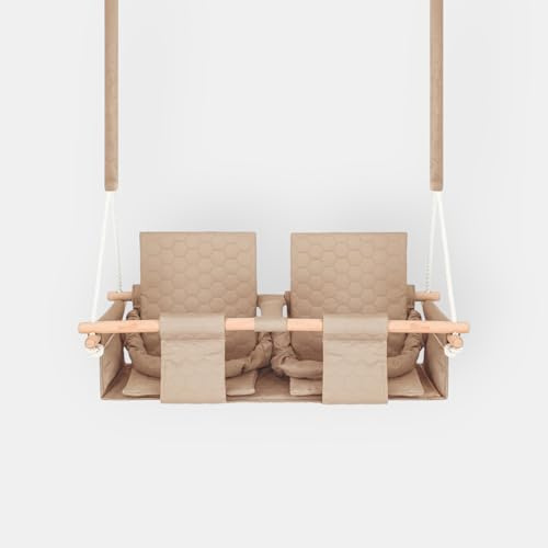 Nid Magique Balançoire Jumeaux Intérieur Extérieur - Double Siège Sécurisé avec Ceintures - Bois Naturel - 9M-4ans - Charge 30kg - Beige