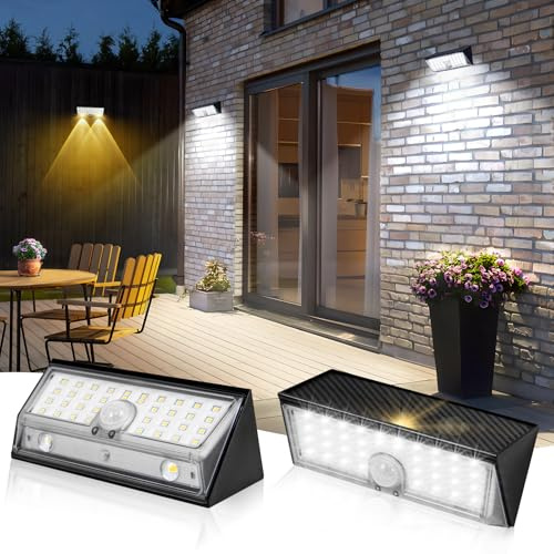 Lot de 2 lampes solaires d'extérieur avec détecteur de mouvement, lentille super lumineuse, applique murale solaire d'extérieur avec 4 modes, étanche IP65, pour extérieur, jardin, clôture, porte