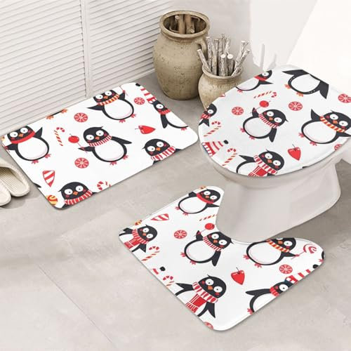Badgarnitur 3 Teilig Weihnachten Xmas Candy Pinguin Tier U-Form Toilettenmatte Toilettensitzbezug Schnell Trocknend,Mikrofaser für WC Boden