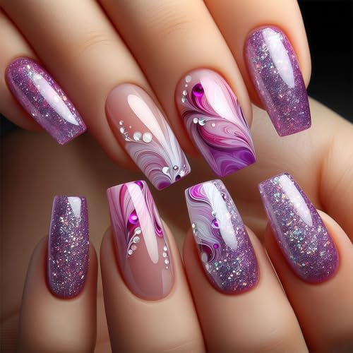 AstraGlam 24 Stück Press On Nails in Lila mit Kurvenlinien – Mittellange Eckige Kunstnägel mit Strass, Roter Farbverlauf, Glänzendem Gel-Look und Sternenhimmel Design, Nägel zum Aufkleben