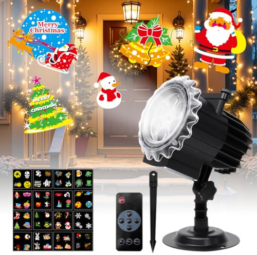 Projektor Weihnachten Aussen Deko Weihnachtsbeleuchtung - LED Projektionslampe mit 64 Cartoons und Fernbedienung, Schneeflocken Projektor, IP44 Wasserdicht, für Garten Party Weihnachten Halloween