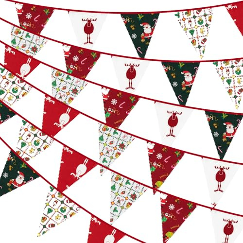 Leikedun 36 Pcs Red Green Fabric Christmas Bunting Banner 32Ft | Vintage Xmas Bunting Triangle Flags Fabric reusable banner, Perfect for Christmas parties fireplace door window wall decor