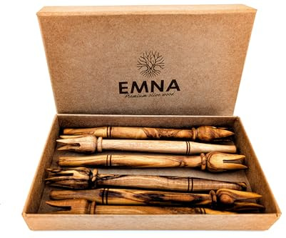EMNA – Lyxigt set med 6 olivspett i olivträ ca 14 cm, handgjorda och unika, perfekta för antipasti, tapas, oliver och ost, exklusiv presentförpackning med äkthetsintyg, premium kvalitet