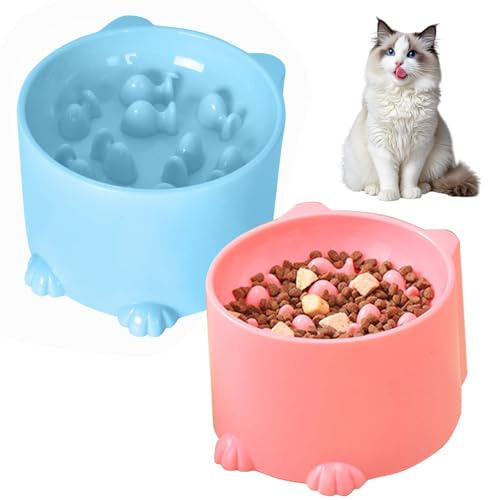 2 Pièces Gamelle Anti Glouton Surélevée Chat, Bol pour Chat Manger Lentement avec Labyrinthe Interactif, Alimentation Lente et Saine, Anti Vomissements, pour Chats et Petit Chien (Rose, Bleu)