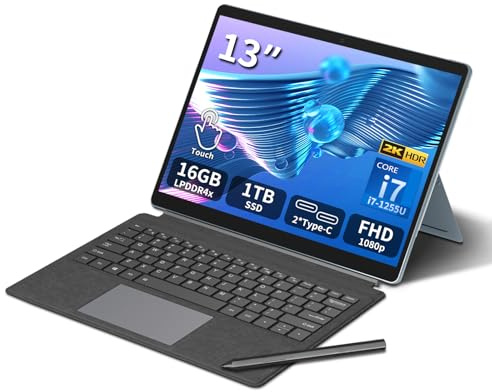 KAQIMOCI Tablet 2 in 1 da 13 Pollici Core I7-1255U 16 GB RAM + 1 TB Tastiera touchpad 2K IPS Win 11 Pro Touch Screen Tablet Laptop Tipo C WiFi 6 Bluetooth 5.2 Sblocco Impronta Digitale