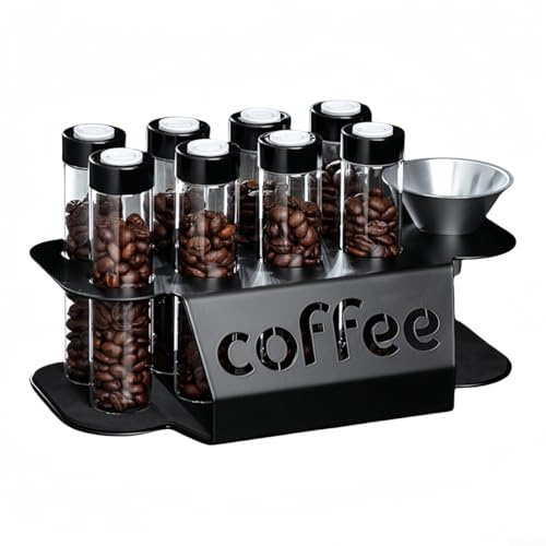 Yuanpgky Tubi monodose per chicchi di caffè con valvola di scarico e espositore in metallo per organizzare il piano di lavoro della cucina, include 8 contenitori in vetro e imbuto