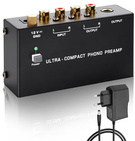 SinLoon PP400P Preamplificador Profesional de Fono - Salida Doble (RCA y ¼ Pulgada) con Terminal de Tierra y Interruptor de alimentación, Amplificador de fonógrafo Giratorio de bajo Ruido (Negro)