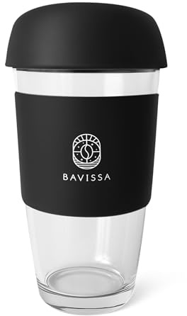 BAVISSA Glass Coffee Cup with Lid and Silicone Sleeve (Black) | 500ml, BPA Free, Eco Friendly