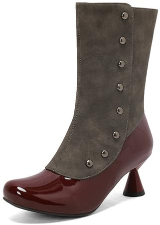 Botines de punta redonda para mujer, estilo victoriano, vintage, con cremallera y tachuelas, rojo vino, 35 EU