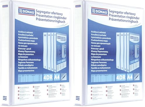 DONAU 2788404PL-09 Classeur de Présentation/Personnalisable pour DIN A4 4RD anneaux 40 mm/Carton Recouvert de PP/Blanc/avec Pochettes / 1 pièce/Rigide 4 anneaux (Lot de 2)