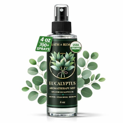Eucalyptus Shower Spray Aromatherapy — 700+ Sprays, USDA Organic 100% Pure Eucalyptus Essential Oil Spray Mist for Spa Shower, Steam, Sauna & Linen Bedsheet – Premium & Travel Size (4 oz, Made in USA)