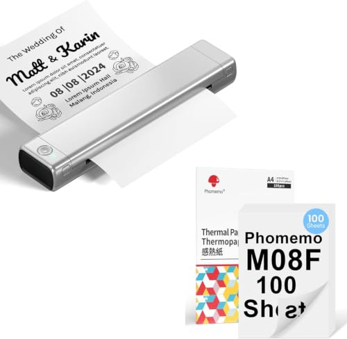 Phomemo M08F Tragbarer Drucker Silber Schwarz mit 100 Blatt Doppelseitigem A4 Thermopapier, kabelloser Bluetooth-Mobildrucker für Reisen, Auto, Büro & Zuhause, Tintenloser Druck