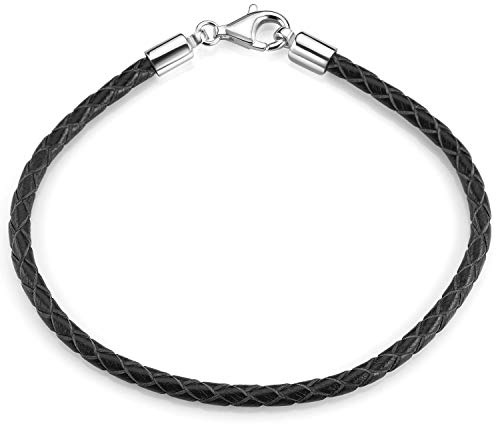 MATERIA by Matthias Wagner Damen Herren Beads Armband Leder 3,2mm schwarz 925 Silber Lederarmband 18-22cm A58, Länge:19 cm