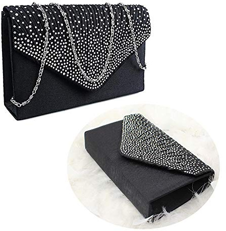 SteelFever Women Diamante Envelope Clutch Bag Evening Handbag Purse Wedding, Bridal, Prom, Party Shoulder Bag (Black)