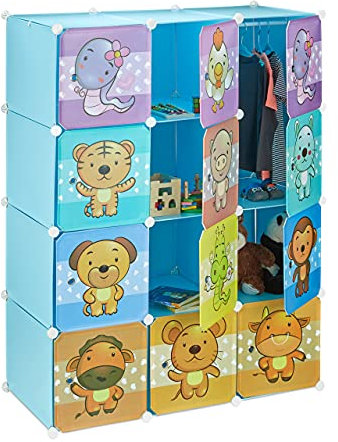 Relaxdays Children’s Modular Shelf, Cute Animal Prints, Plastic System, Doors, Wardrobe, Clothes Rails, Blue