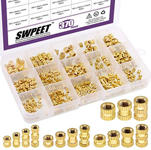 370Pcs 4 Values M2 M3 M4 M5 Female Thread Knurled Nuts Brass Threaded Insert Embedment Nuts Hydraulic Welded Joint Injection Molding Assortment Kit Perfect for 3D Printing Injection Molding