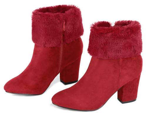 Allegra K Women's Faux Fur Block Heel Snow Red Ankle Boots 9 M US