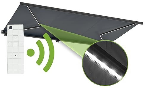 empasa Elektrische Vollkassettenmarkise Profi mit LED Beleuchtung Markise | Kassettenmarkise Gelenkarmmarkise Sonnenschutz mit Fernbedienung, komplett vormontiert, Farbe:anthrazit, Größe:400 x 300 cm