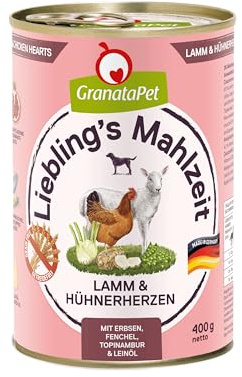 GranataPet Hundmat, älsklingens måltid lamm och kycklinghjärta, våtfoder för hundar, utan spannmål och sockertillsatser, helfoder, 6 x 400 g