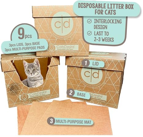 Leakproof Disposable Cat Litter Box 3 Pack (9 pcs) Top/Low Entry INCLUDES- 3 lids, 3 bases and 3 multipurpose pads - Open or Closed, 17L x 17W x 15.25H. Xtra Large Woman Owned Made in USA Patented
