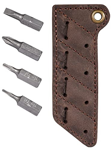 KeyUnity KA06 4-in-1-Schraubendreher-Set mit Lederetui | Kompaktes Schraubendreher-Set | Handgenähtes Lederetui mit 4 magnetischen Bits (Braun)