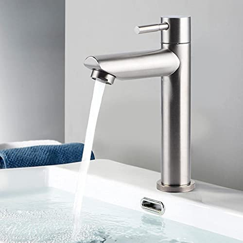 Wasserhahn, G1/2 Waschbecken Sitzender Wasserhahn Polierter Edelstahl Gebürsteter Einzel-Kaltwasserhahn mit Keramikventileinsatz für Waschraum und Badezimmer(Straight)