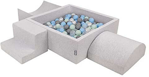 KiddyMoon Spielplatz Aus Schaumstoff Mit Quadrat Bällebad (200 Bälle) Ballgruben Für Babys Spielbad Hindernisläufen, Hergestellt In Der EU, Hellgrau:Perle/Grau/Transparent/Babyblue/Minze
