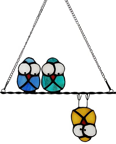 Mehrfarbige Eule auf Draht, Buntglas-Sonnenfänger, Vogel-Sonnenfänger für Fenster, Dekoration, Dekoration für Wand, Haus, Garten, Geschenk für Eulenliebhaber
