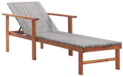 Sonnenliege mit Auflage & Armlehne, Gartenliege Relaxliege mit verstellbarem Rückenlehne, Liegestuhl aus PE-Rattan und Massivholz, Gartenliegestuhl Gartenstuhl Rollliege für Terrasse Balkon, Grau