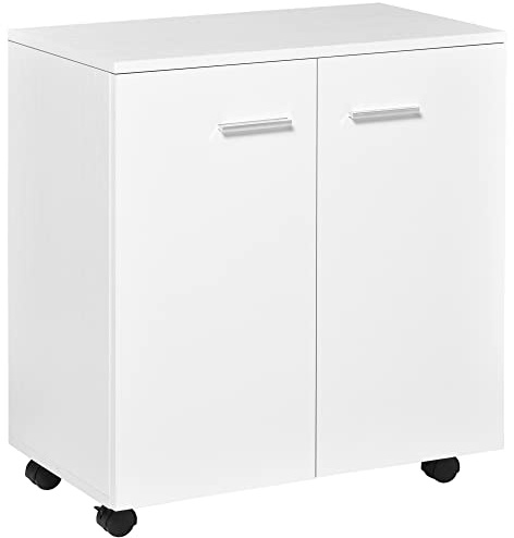 HOMCOM Meuble de Rangement Buffet Bas sur roulettes avec 2 Portes étagère Interne pour Salon, Chambre, Bureau 60 x 35 x 65 cm Blanc