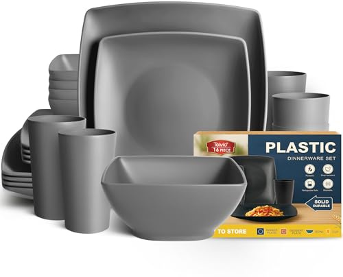 Teivio 16-delars köksservis i plast med fyrkantig köksservis för 4, middagstallrikar, desserttallrikar, flingskålar, 20 oz koppar, okrossbara plasttallrikar och skålar set, utomhus campingporslin, grå