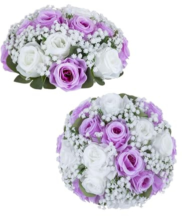 BLOSMON Kunstblumen Rosen Schleierkraut Blumenstrauß: 2 Stück Lila Künstliche Rose Gypsophila Seiden Blumen Blumenkugel für Hochzeitsdeko Tischdeko Party Tafelaufsätze Dekoration Zuhause Zimmer Deko