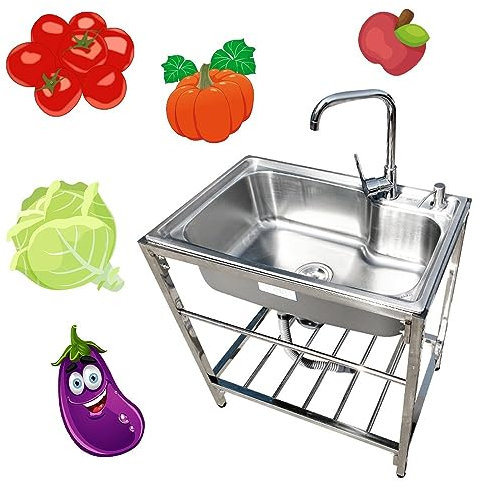 HCZION 1 Becken Spültisch Küchenspüle Waschbecken Mobile Campingküche Küche Spülbecken Edelstahlspüle Außen Handwaschbecken Für Wäsche Hinterhof (Color : Cold, Size : 52x38cm/20.5x14.9in)