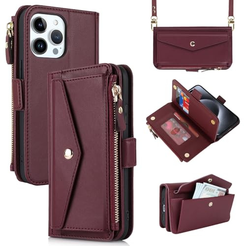 Zouzt for iPhone 15 Pro Wallet Case for Women, Purse with Credit Card Holder Slots Crossbody Lanyard Strap Zipper Flip Book Shockproof Protective Phone Cover for Apple 15 Pro 6.1 Inch (Red)