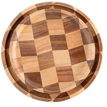 Lot de 2 plateaux de service ronds en bois en damier, table basse décorative et plateaux alimentaires pour décoration d'intérieur (1 x 24 cm, 1 x 20 cm)