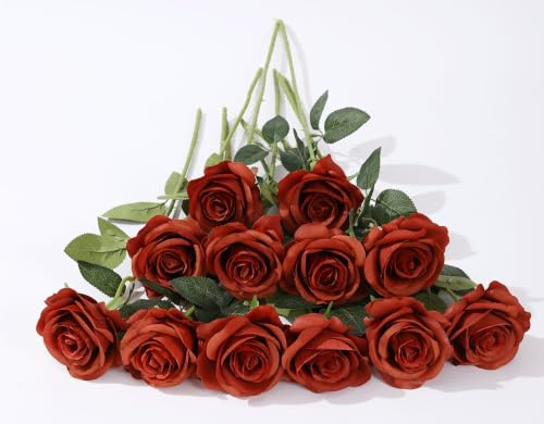 Laelfe 12 Pcs Burnt Orange Roses Artificial Flowers Autumn, 53 cm Long Stem | Realistic Faux Silk Flowers, Fake Rose for Fall Farmhouse Wedding Party Home Garden Hotel Office Decors