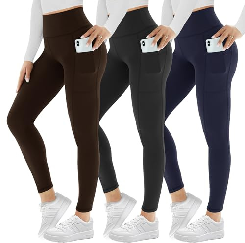 AMIYOYO 3 Pack Leggings for Women with Pockets High Waist Gym Leggings | Tummy Control Stretchy Yoga Pants Trousers Workout Sports Fitness Running