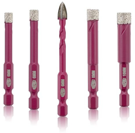 QUEFORET Punte Diamantate Gres Porcellanato 5 Pezzi - 4 Pezzi 6/6/8/10mm Punte Trapano, 1 Pezzo 6mm Punta in Carburo per Porcellana Piastrelle Ceramica Marmo Granito, Gambo Esagonale a Cambio Rapido