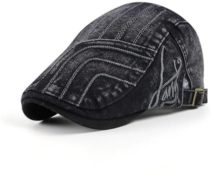 WOYUANSHA Barett Baskenmützen Für Herren Baskenmütze Für Herren Gestreift Flache Schirmmütze Damen Gewaschener Denim Fischgrätenmuster Visiere Verstellbar 56–60 cm Schwarz