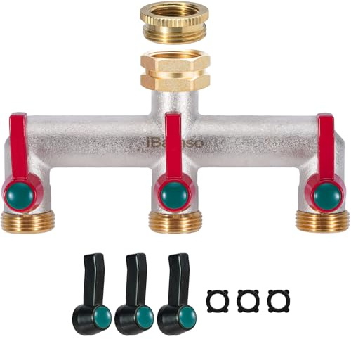 iBamso Brass Garden Hose Splitter, 3/4 Inch 3 Way Tap Diverter High Flow Outlet with Individual Valve and Extended Handle, Pipe Tap Splitter for Home Outdoor Faucet