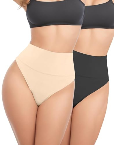 ZENUTA 2 PACK Thong Shapewear Tummy Control, Shaping Seamless Underwear for Women, Body Shaper Tummy Control Panties Girdle (Black Nude,M)
