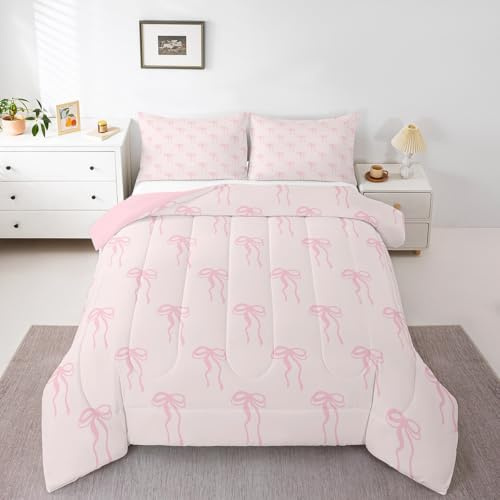 Homewish Rosett Barn Duntäcke Enkel Rosa Rosett Flickor Täcke Set Söt Kawaii Sängkläder Set Band Rosett Tryck Säng Set Med 1 Örngott