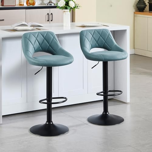 KHISCHMO Barhocker 2er Set Barstuhl Höhenverstellbar mit Ausgeschnittenen Rückenlehnen 360° Drehbar Polsterhocker mit Kunstleder Fußstütze aus Metall für Esszimmer Heimbar Kücheninsel,Blau