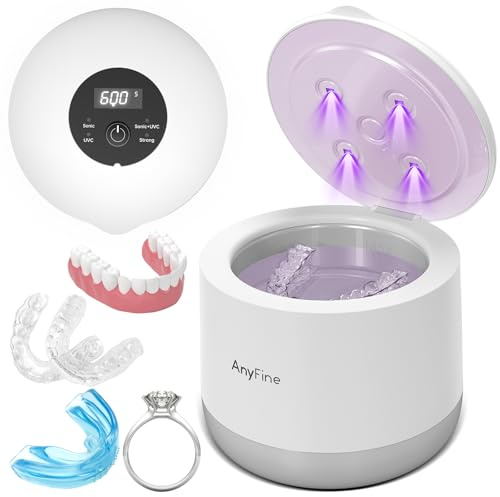 AnyFine Pulitore ad ultrasuoni avanzato per protesi, paradenti, dentifrici, testine e gioielli, sistema di pulizia trifase di 45